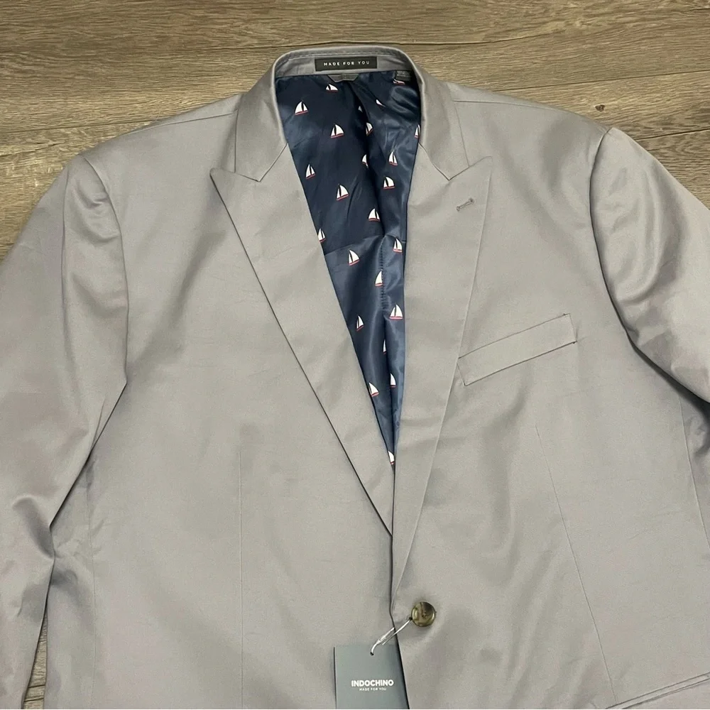 Indochino Mens Custom Blazer Light Gray Sailboat Lining Cotton NWT